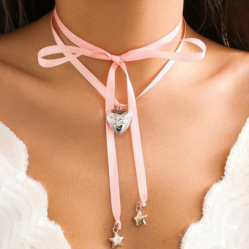 Elegant Ribbon Necklace Unique Heart Star Pendant Necklace Adjustable Bowknot Choker Adornment for Women Wedding Jewelry