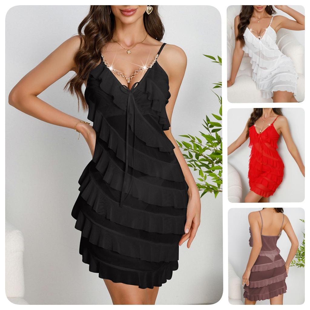 Transparenter mehrlagiger Rüschen-Nachthemd Perlenanhänger Dekor Sexy Mehrfarbiger Cami Damen-Loungewear 895 Romantische Glamouröse Nachtwäsche mit Niedlichen Akzenten