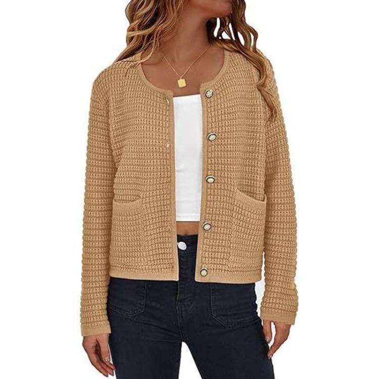 Women's Fashion French Elegant Short Knitted Coat with Pockets Round Neck Long Sleeve Buttoned Solid Soft Comfortable