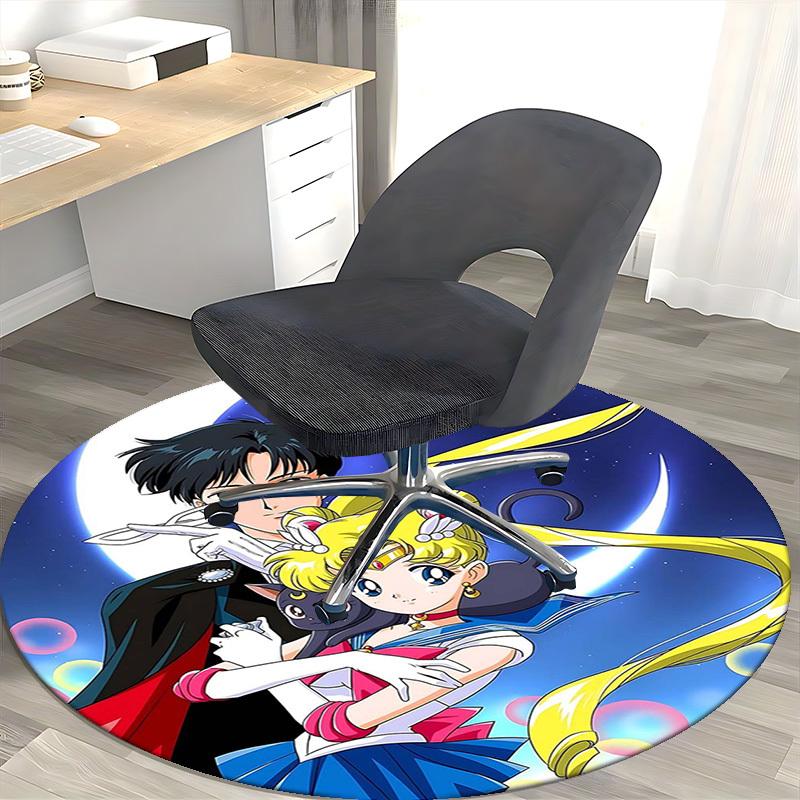 1pc Sailor Moon Anime Cartoon Design Round Carpet  Office Chair Mat, NonSlip Rug for Home Decor, Living Room, Bedroom, Game Room