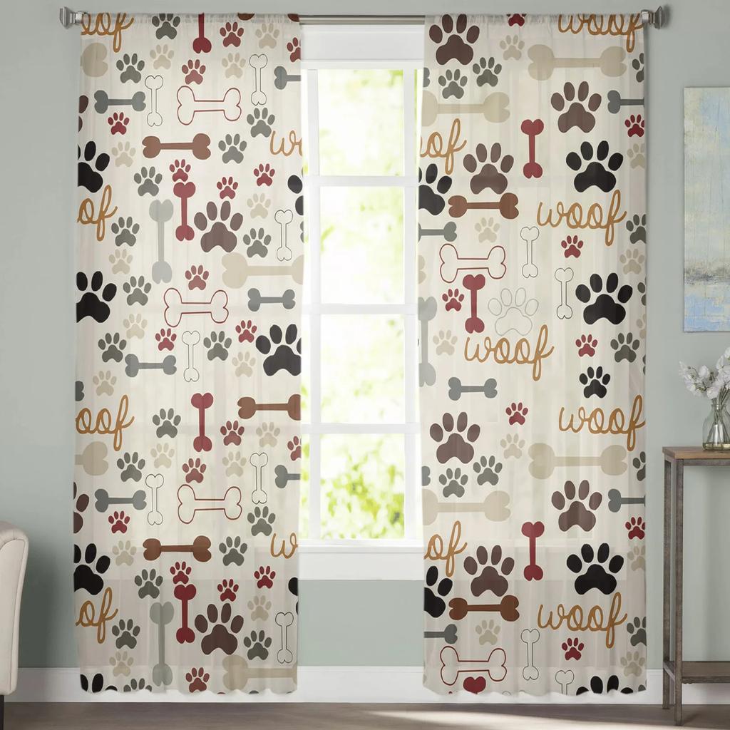 Cartoon Dog Footprints Bones Animals Sheer Curtains for Living Room Modern Voile Curtain Bedroom Tulle Curtains Window Drapes