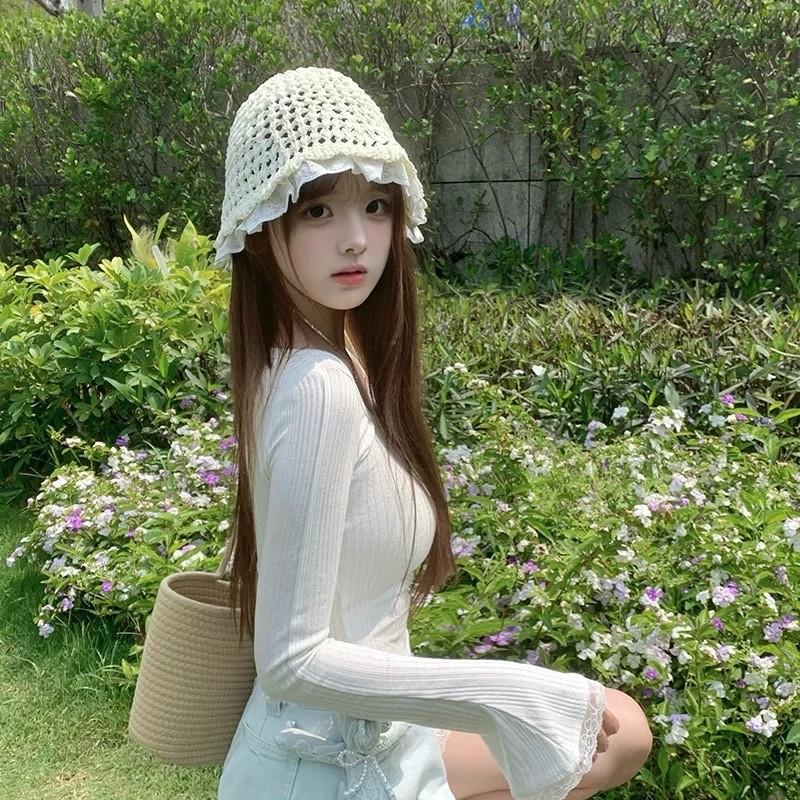 Feminine Lace Trim Mesh Sun Hat With Wide Brim For Summer Outdoor Activities