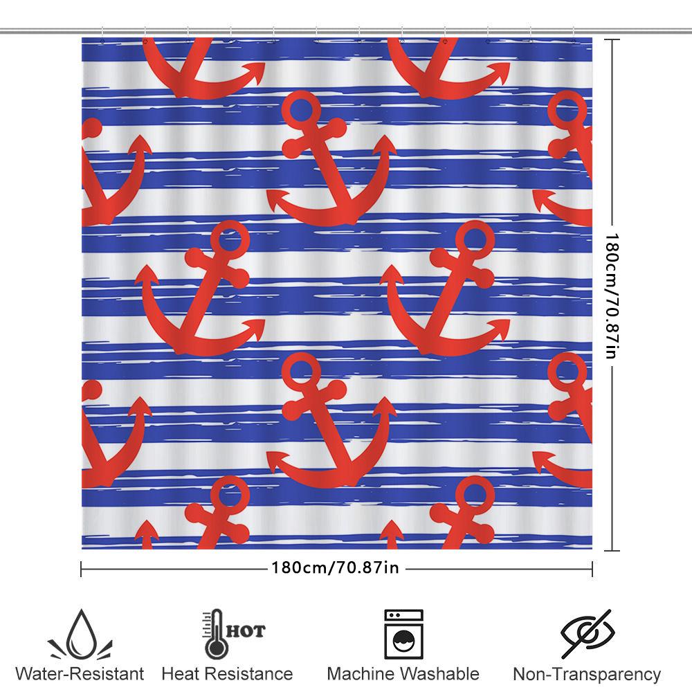 Red Anchors Blue Striped Shower Curtain Waterproof Polyester Bathroom Decor Set