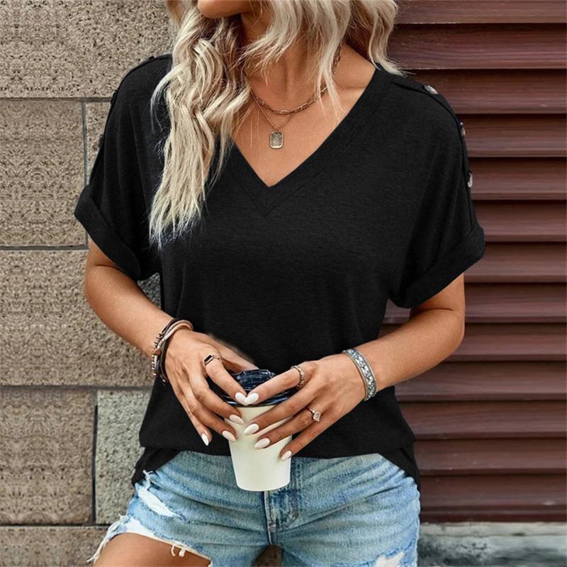 Summer Cotton Tops Women Blouses Casual V-Neck Solid Button Street Hipster Short Sleeve Shirts Clothes