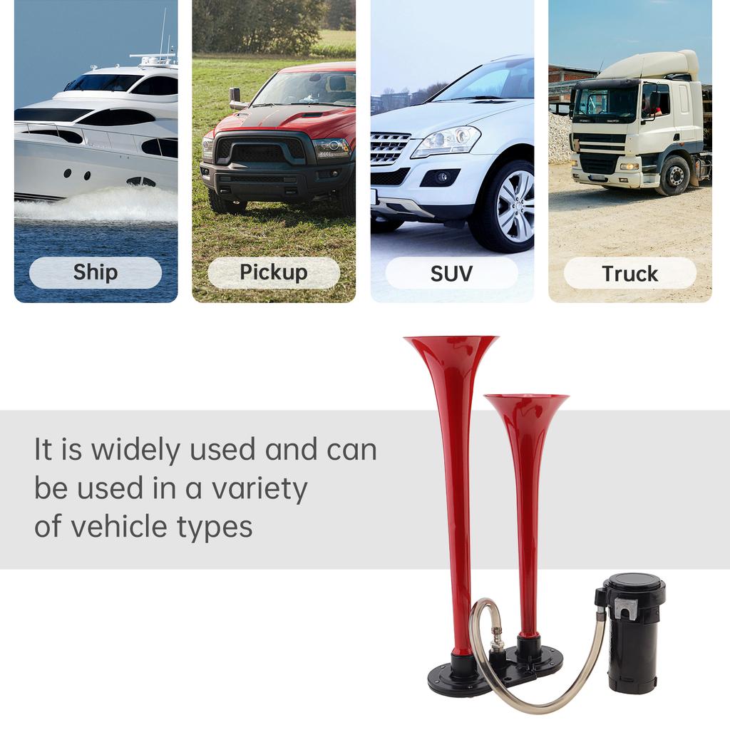 12V 150dB Super Loud Dual Trumpet Air Horn with Compressor - Red Musical Sound for Trucks, Lorry, Trains, Boats, Cars, Van & Ship