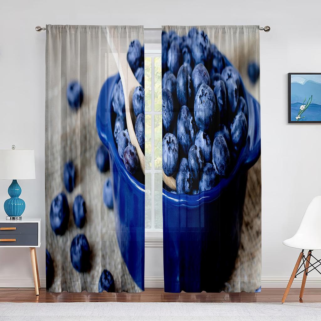 Blueberries Fruit Green Leaf Tulle Curtains for Living Room Bedroom Decoration Chiffon Sheer Voile Kitchen Window Curtain Drapes