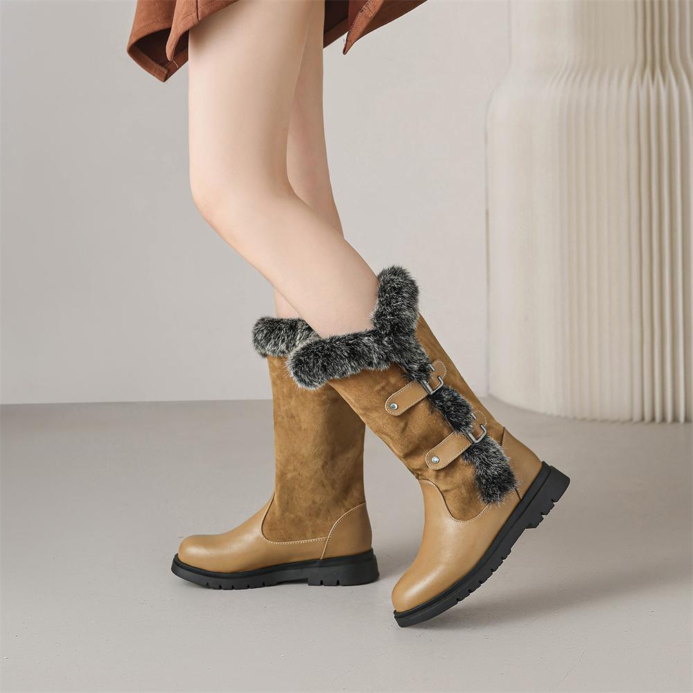 Small Plus Size 28-43 Women's Faux Fur Snow Boots Round Toe Buckles Thick Non-slip Sole Winter Warm Outdoor Mid Calf Boots Shoes