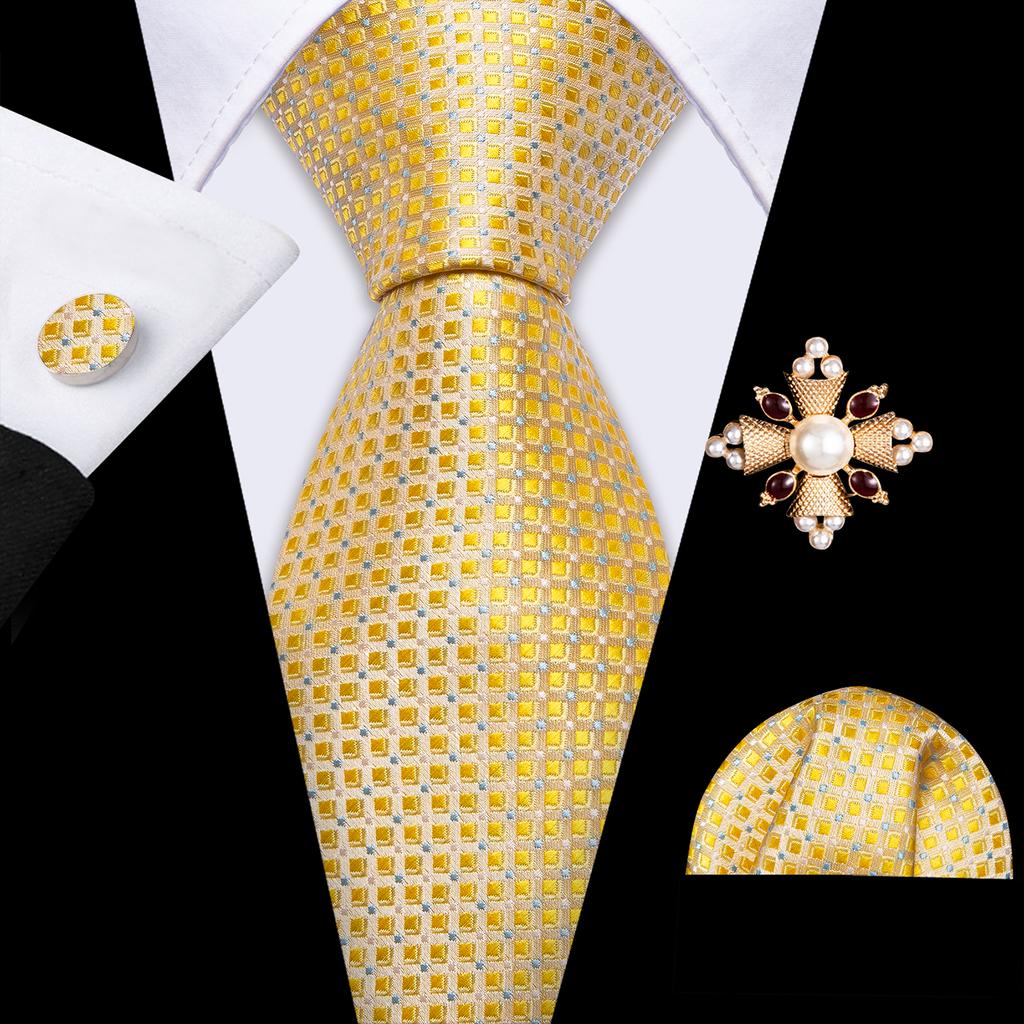 Pearl Brooch with Silk Tie for Men Vintage Floral Teal Necktie Hanky Cufflinks Gift Formal Set