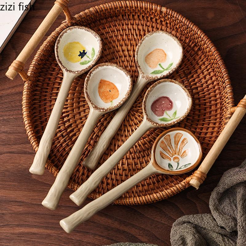 Japanese Style Coarse Pottery Spoon Creative Coffee Spoon Dessert Spoon Restaurant Cute Long Handled Rice Spoons Kitchen Tools