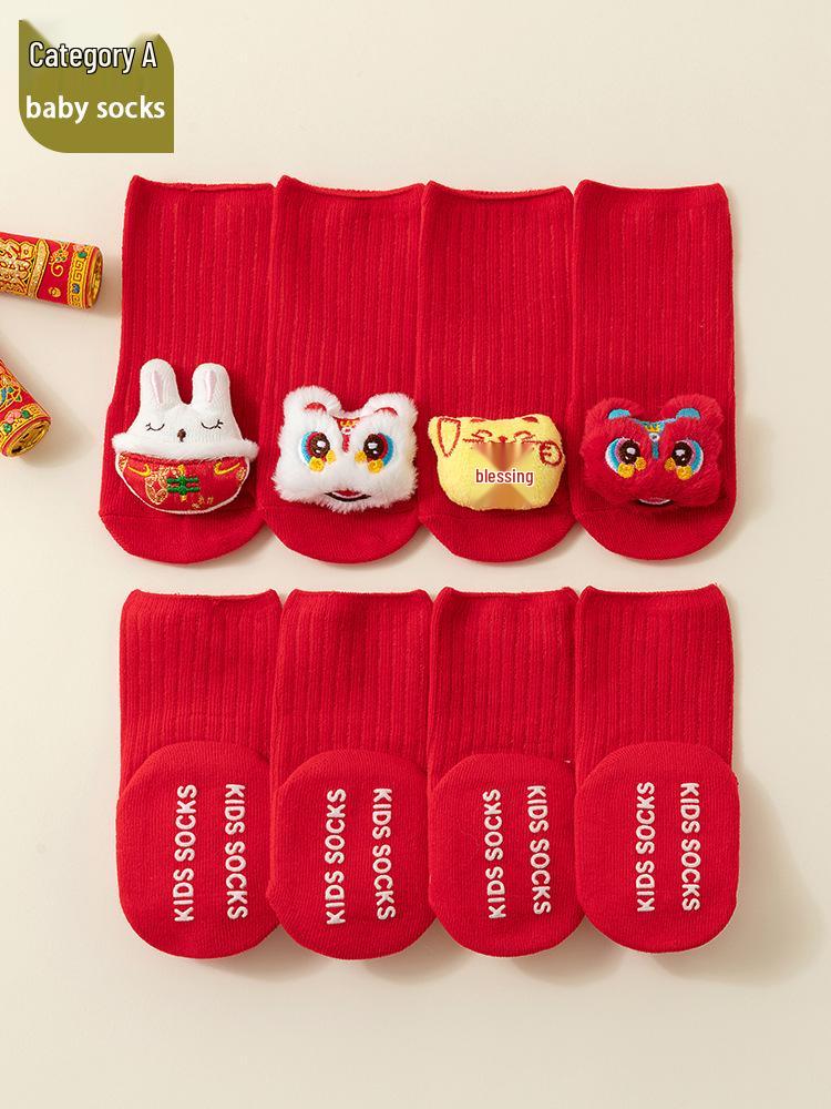 Red Combed Cotton Baby Socks: Anti-slip, for Newborn, Full Moon, 100 Days, and First Birthday (0-1 Year)