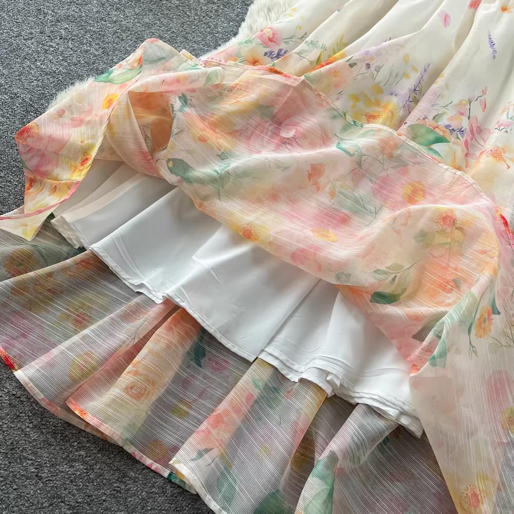 Elegant European Two-Piece Set: Lantern Sleeve Button-Up Top & High-Waist Printed Mesh Skirt