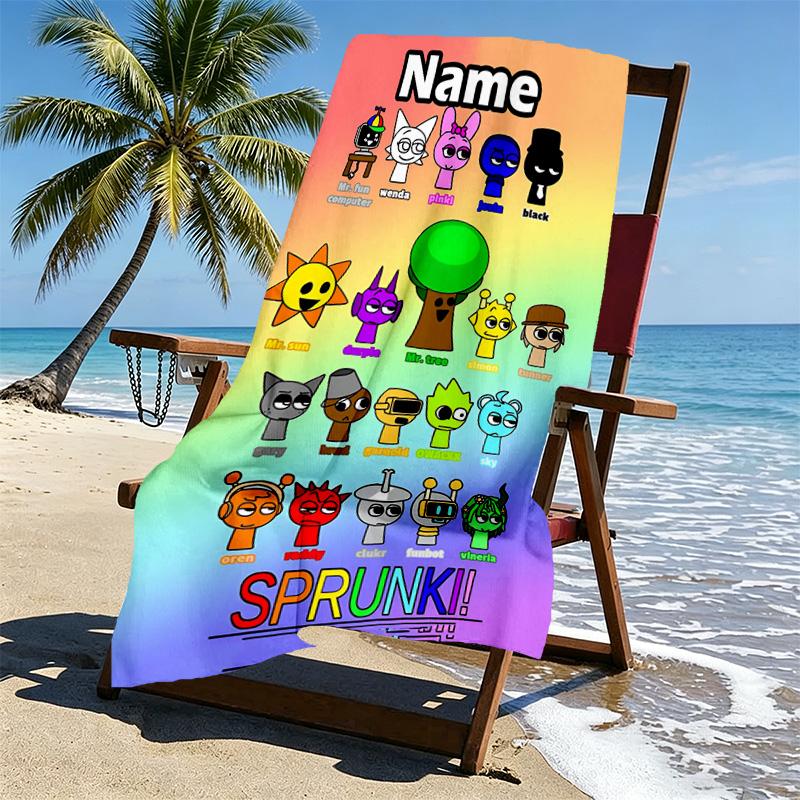 Custom Name Personalized Sprunki Game Print Beach Towel, for Trip Camping Beach Party Home Decor, Birthday Gift for Family & Friends