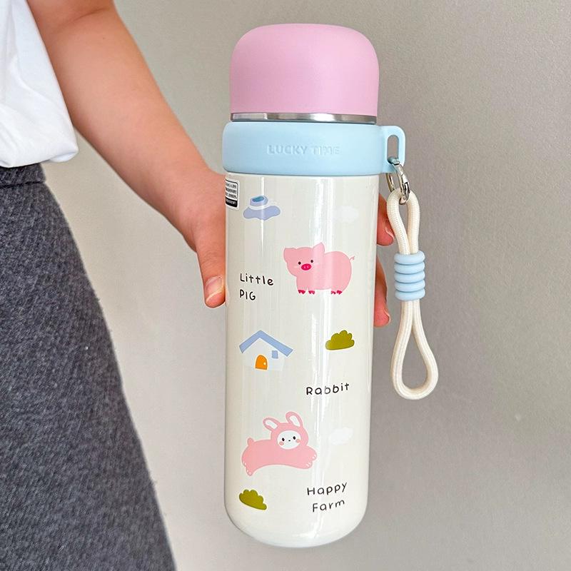 Dual-Use Cartoon Thermos Cup with Cute Rope - Stainless Steel Portable Water Bottle for Girls