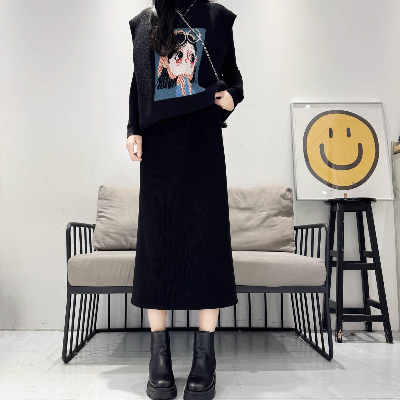 

2025 Winter Fleece-Lined Slimming Midi Skirt with Back Slit M (40-55 kg) чёрный