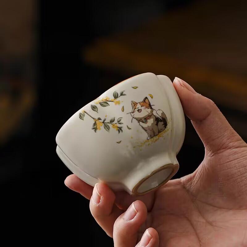 OLOEY Ru Kiln Cute Cat Ceramic Tea Cup