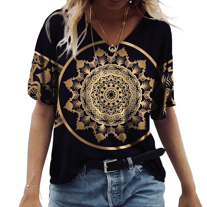 Women's Floral Print T-Shirt V Neck Short Sleeve Loose Casual Summer Top