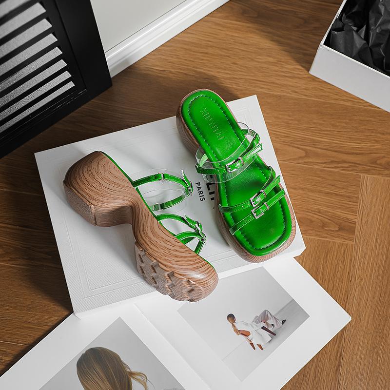 Platform Sandals Women's Fine Strap Wood Grain Summer New Vacation Slope Heel Soft Sole Heightening Word with Roman Shoes Slippers