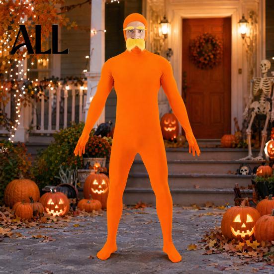 Lustiges Familienkostüm Gesicht Offen Halloween Kostüm, Unisex Ganzkörper Oranger Body mit Bart Langlebiger Cosplay Anzug Augenbrauen für Männer Frauen, Erwachsener