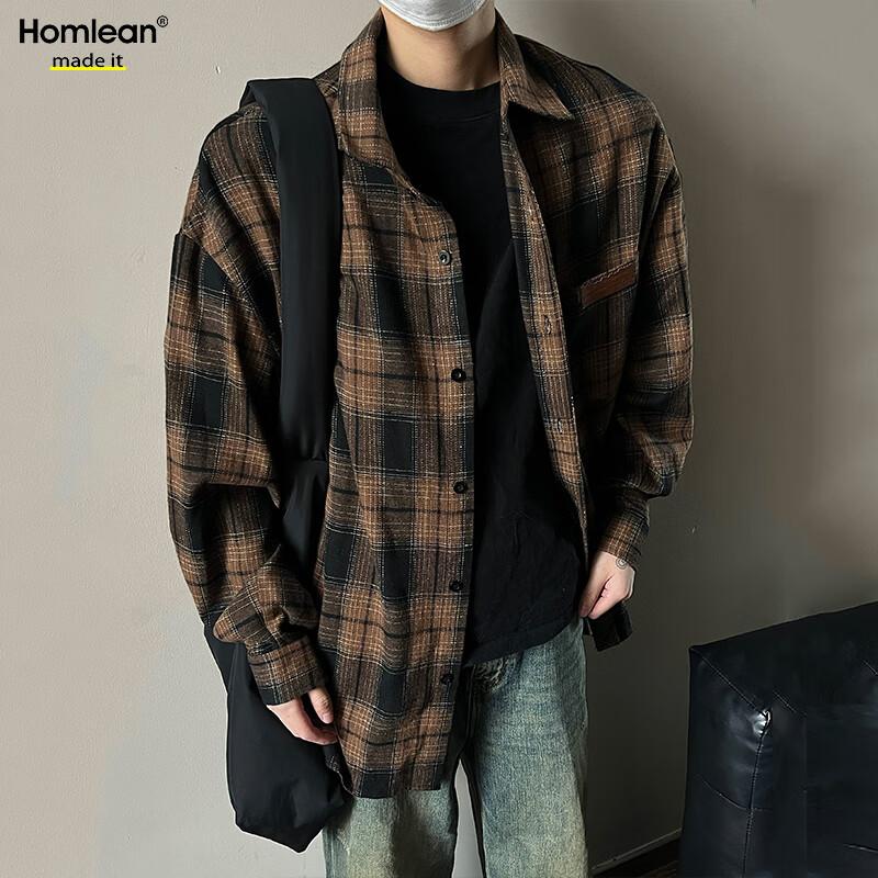 Homlean American Retro Plaid Shirt for Men, Spring And Summer Hong Kong Style Loose Casual Long-Sleeve Shirt Jacket HL09 Coffee Plaid 5XL