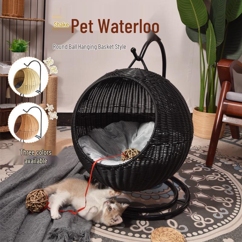Cozy Rattan Cat Hanging Basket - Washable, Semi-Enclosed, All-Season Cat Bed for Winter Warmth