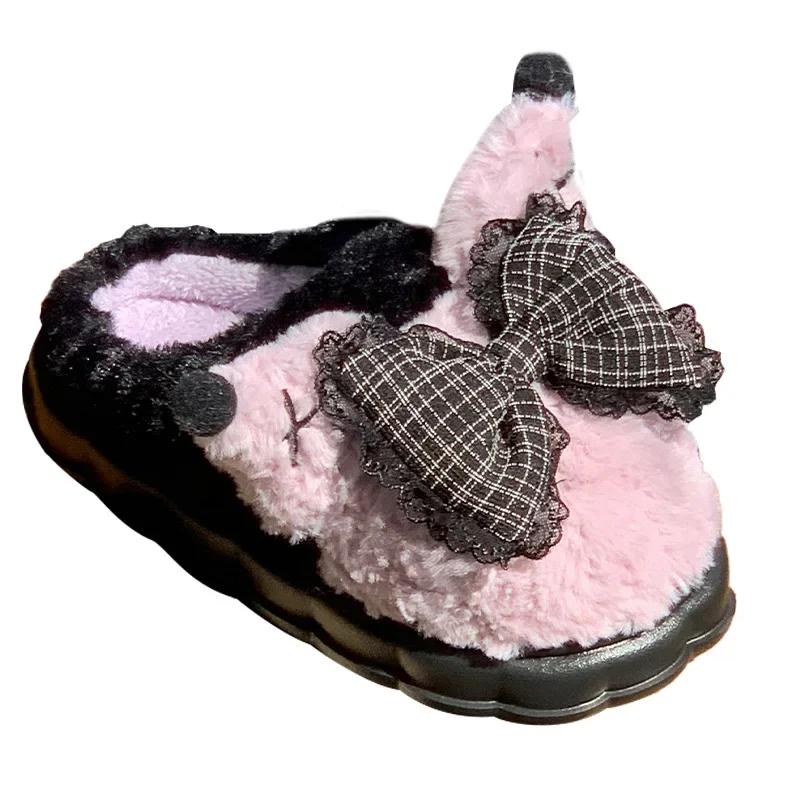 New Pattern Women's Plush Slippers Women Bow Warm and Soft Slipper Women Thick Winter Indoor Cotton Shoes Women Toe Wrap Slipper
