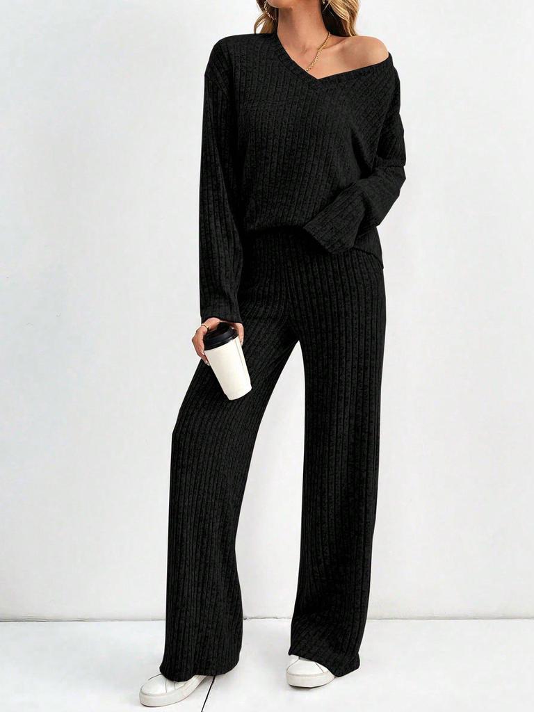 Women's Autumn 2025 Fashion: V-Neck Rib-Knit & Straight-Leg Pants Set