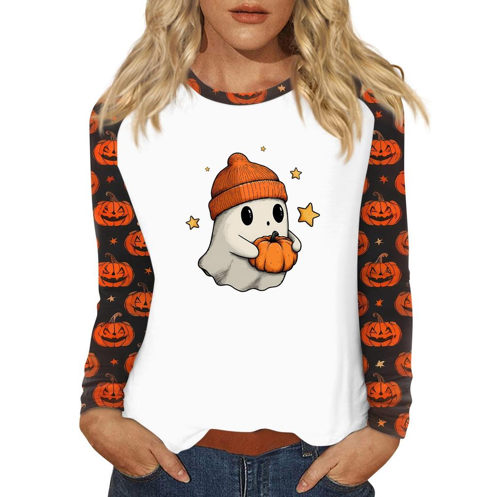 Women's T Shirt Halloween Print Long Sleeve Daily Fashion Basic Round Neck Raglan Sleeve Top