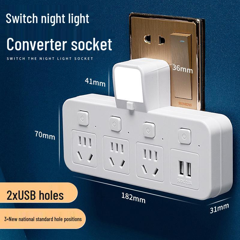 Multi-Outlet Power Strip with USB, Wireless Converter, Night Light, and Individual Switches for Home Office