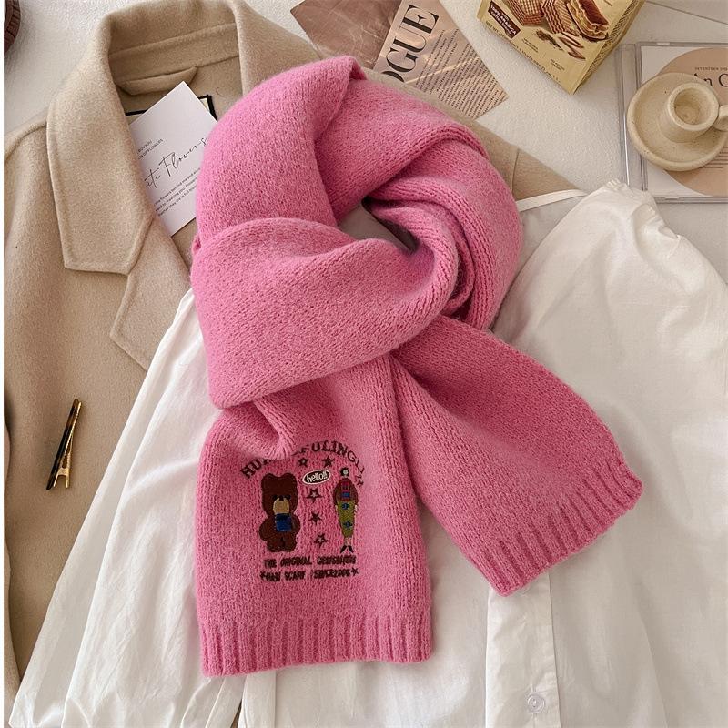 A New High End Women's Winter Scarf with Bear Embroidery  Thick and Warm Cold Proof Knitted Woolen Scarf Shawl