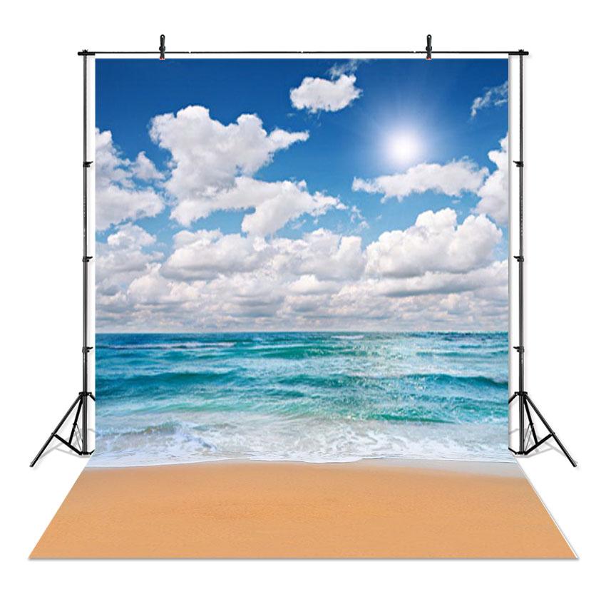 Sea Beach Sand Cloudy Blue Sky Scene Summer Beach Photography Backdrop for Photo Studio Tropical Palms Coconut Tree Background