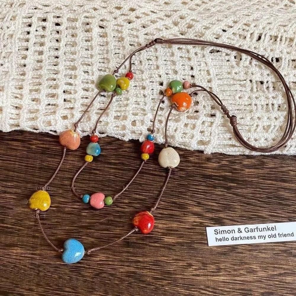 Adjustable Colorful Ceramic Necklace Woven Rope Boho Style Necklace for Women Fashion