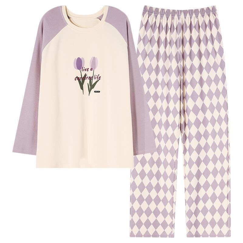 Reine Baumwolle Schlafanzug Damen Rundhals Pullover Langarm Loungewear Baumwolle Mädchen Zweiteiliges Set