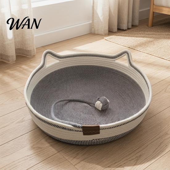 All Season Cat Bed Woven Basket Cotton Rope Handwoven with Ears Soft Sleeping Nest Toy Ball Breathable Pet for Indoor Medium Large Cats Seasons