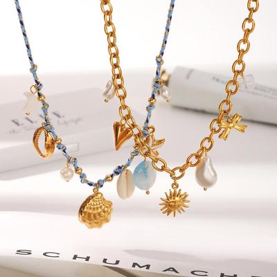 Stainless Steel Ocean Style Necklace with Seashell & Starfish Pendant for Women