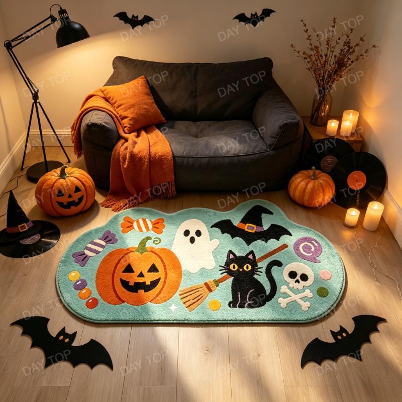 Cloud Shaped Halloween Bath Mat Soft Absorbent Rug Pumpkin Ghost Black Cat Witch Hat Skull Candy Print Non Slip Floor Mat
