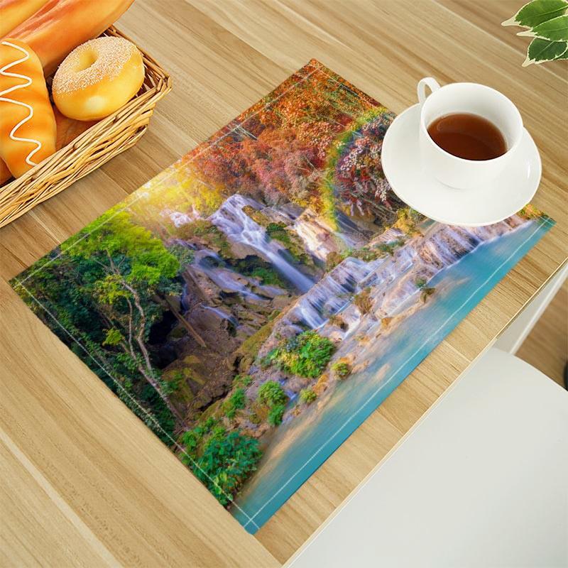 Natural Waterfall Print Linen Dining Table Mats Alphabet Kitchen Placemat 30X45cm Coasters Pads Bowl Cup Mat