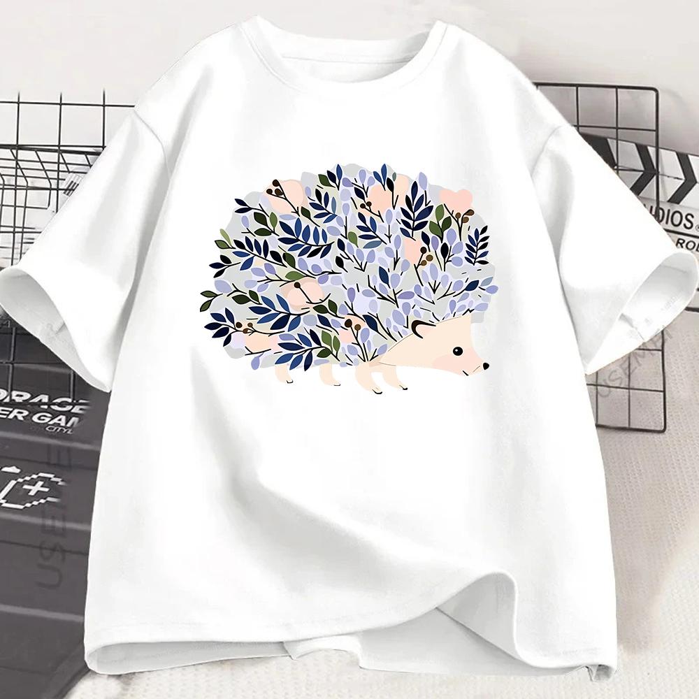 Cute Hedgehog Flower Graphic Tshirt Kawaii Animal Print Tee Summer Fashion Short Sleeve Harajuku Style Casual Top Girls