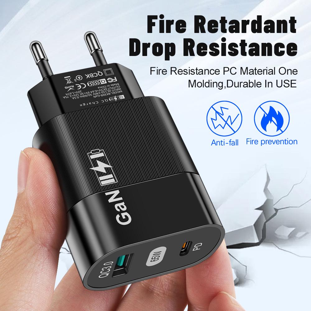 65W Gallium Nitride (GaN) PD Fast Charger with EU/US/UK Adapter for Phones & Computers