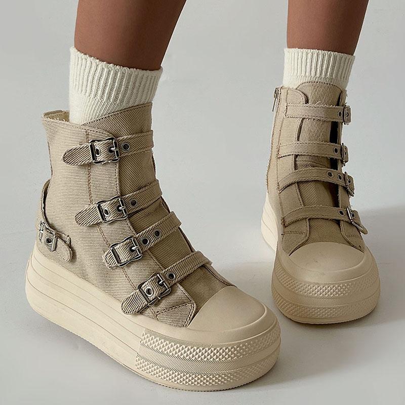 Women Platform Canvas Shoes Classic Casual Outdoor Versatile Sneakers Buckle Design High Top Boots Fashion Zipper Shoes Female