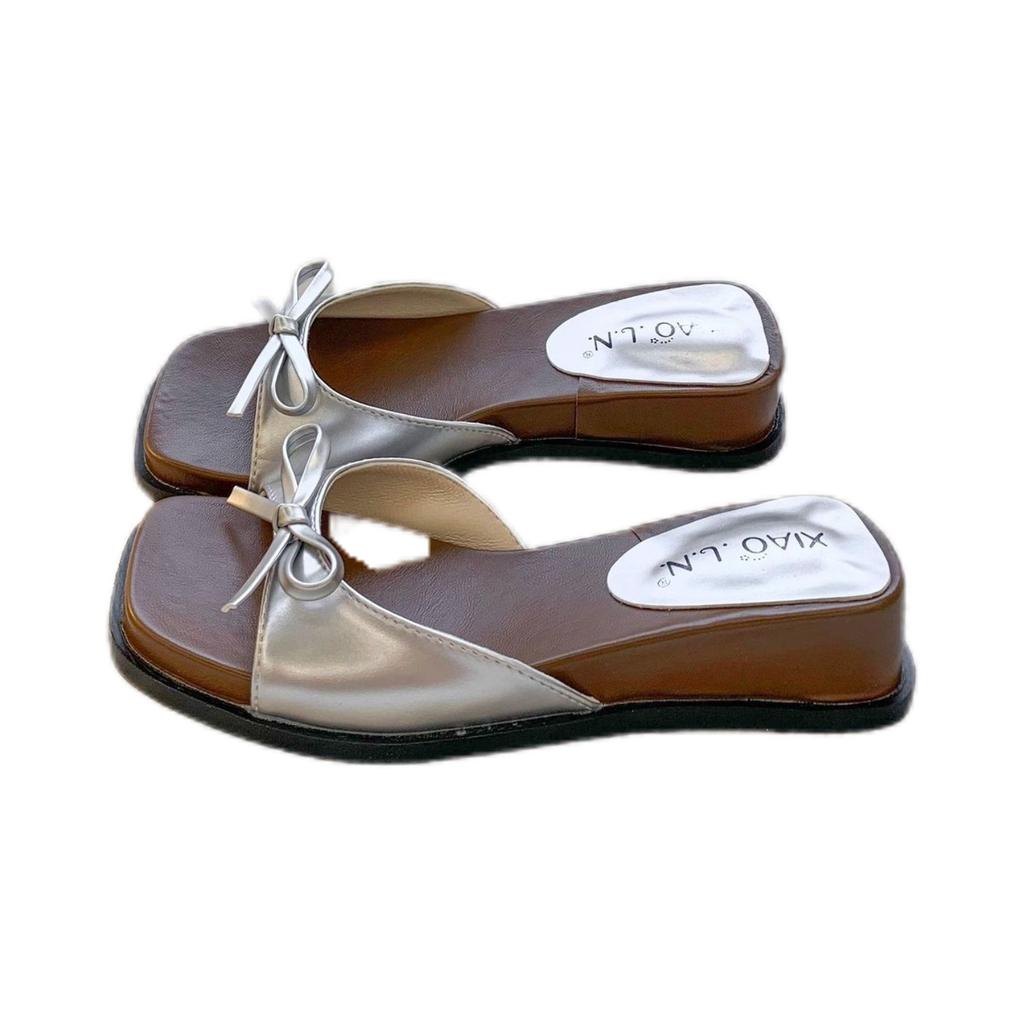 French temperament versatile bow one-word drag 2025 summer new with skirt fashionable height increase thick bottom cool slippers