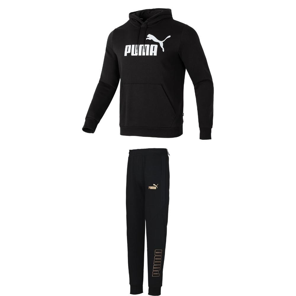 

Puma Hooded Fleece Long Sleeve Sweatshirt Knit Cuffed Mid Waist Long Pants Casual Sports Suit Men sweatshirt, pants Black 682723+848257 M