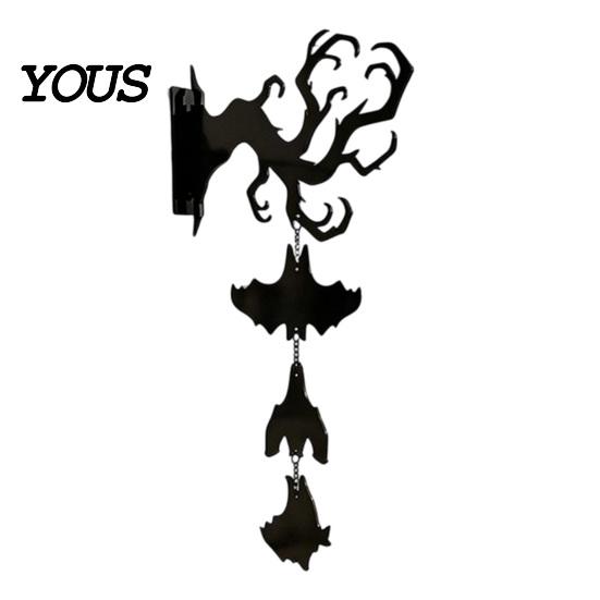 Halloween Courtyard Decoration Hanging Wall Decor, Matte Black Dead Branch Bat Silhouette Ornament Durable Acrylic Holiday Sign with Metal Bell, Easy