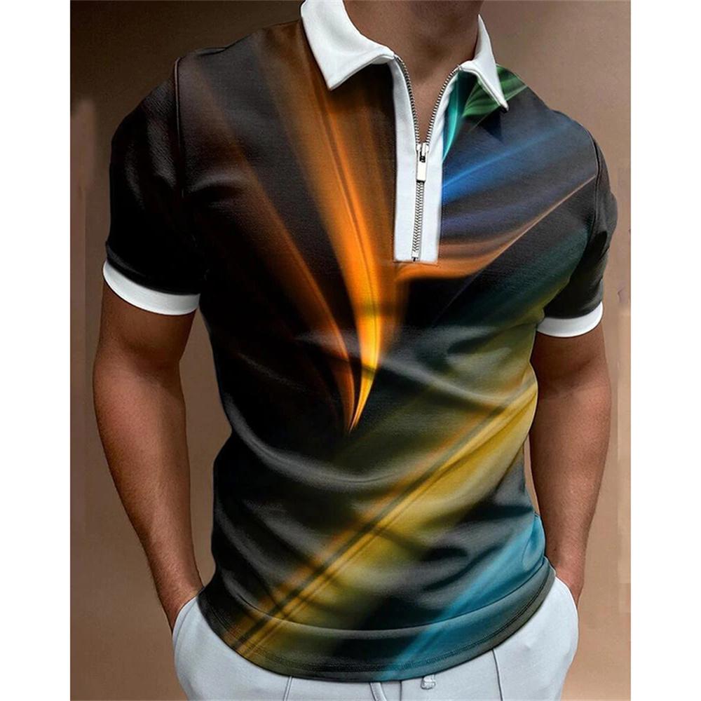 Men's fashion, casual collar and zipper bar, staircase printed golf clothing, short sleeved T-shirt