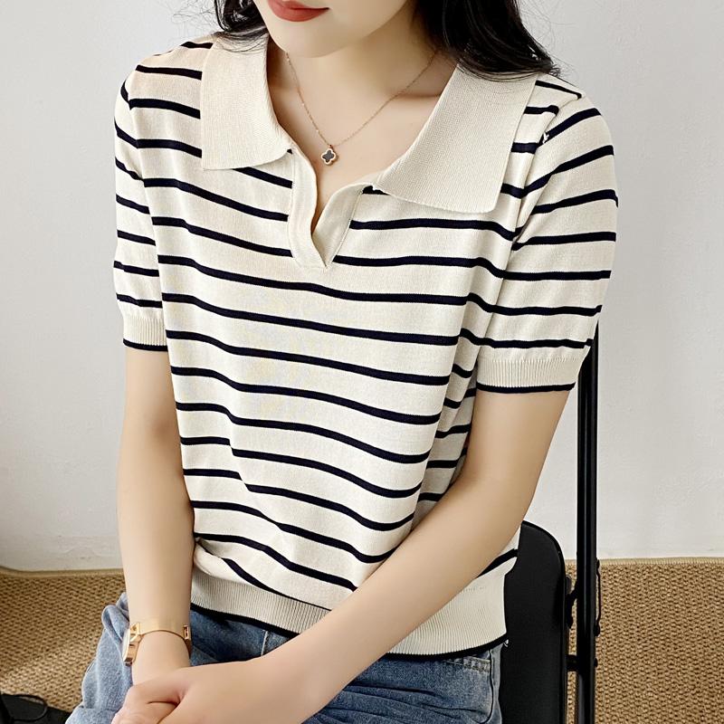 Summer  Turn Down Collar Striped Knitted Sweater Women Pullovers Short Sleeve Knit Sweater Pullover Women Tops