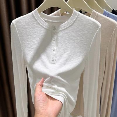 Bamboo Cotton Half-open Collar Long-sleeved T-shirt for Women In Autumn and Winter High-end Buttoned Versatile Bottoming Top