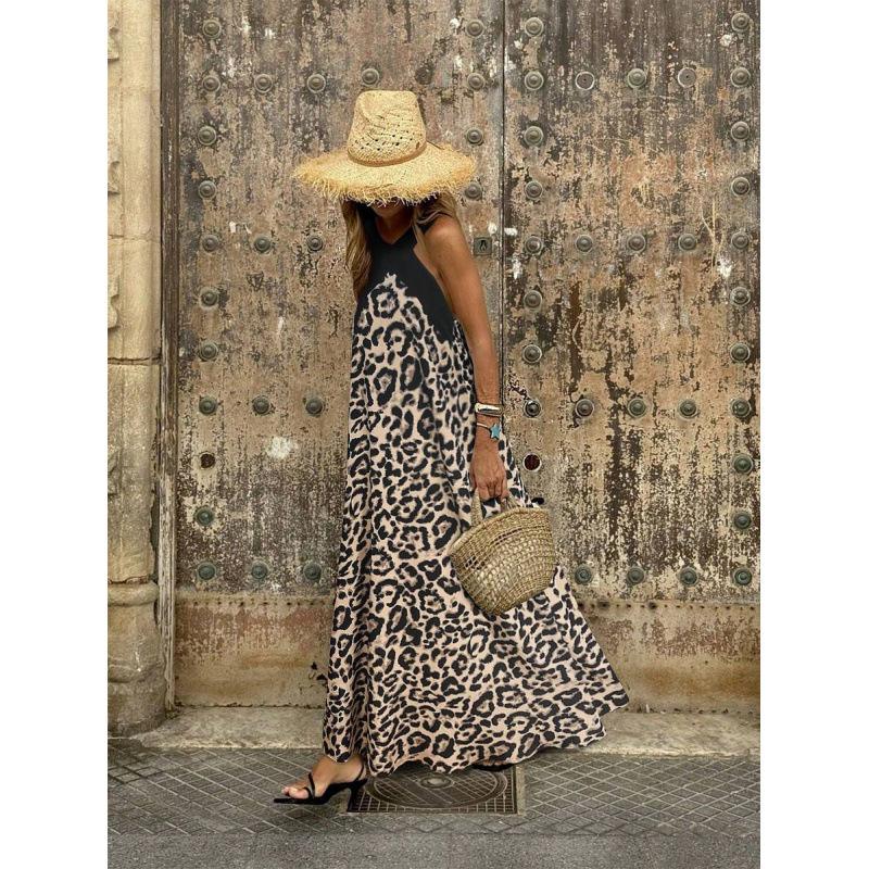 European 2026 summer new fashion temperament neck sling sleeveless leopard print splicing dress