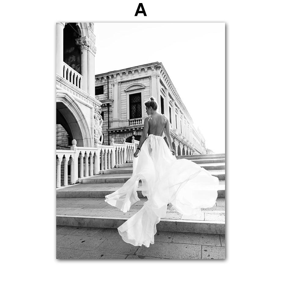 New York Bridge Feather Flower Fashion Girl Wall Art Canvas Painting Posters And Prints Black White Wall Pictures Living Room