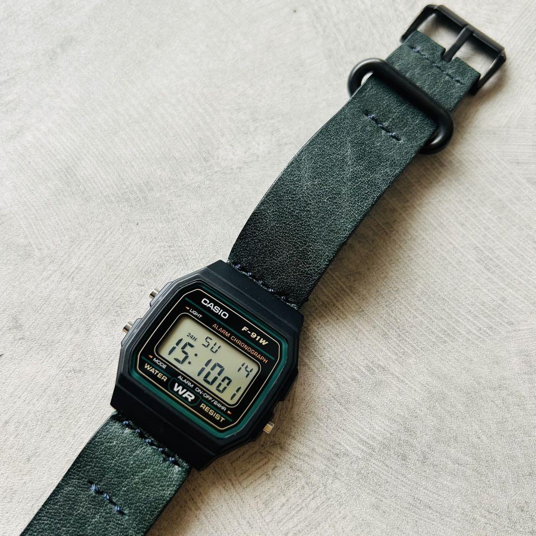 

[USED] CASIO F-91W with custom genuine leather strap, dark green