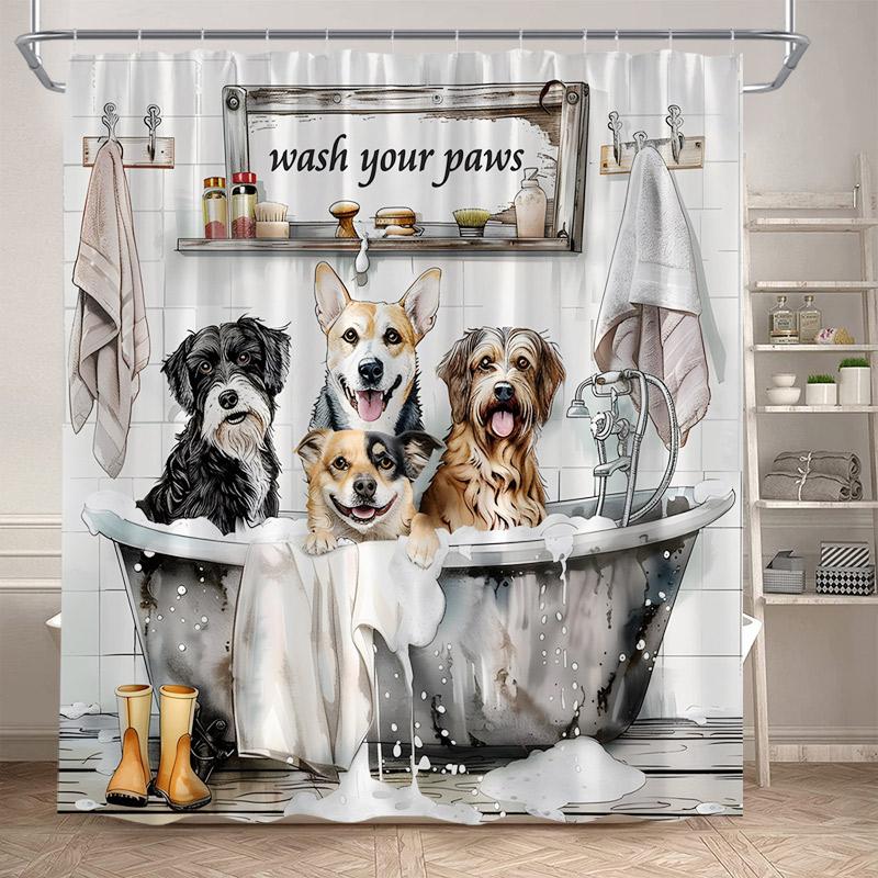 Funny Bathing Dogs Shower Curtain Bathtub Wash Your Paws Cute Pet Cartoon Animals Bath Curtains Fabric Bathroom Decor with Hooks