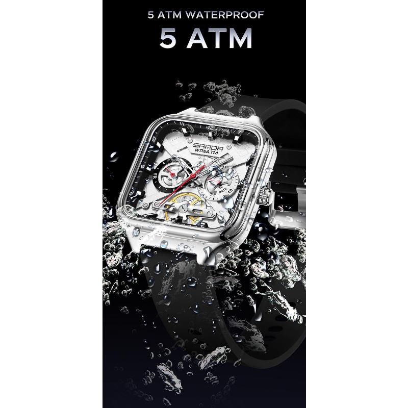 Luxury Men's Quartz Watch Fashion Square Case Week Date Display Waterproof with Silicone/Mesh Band Casual Wristwatch for Men